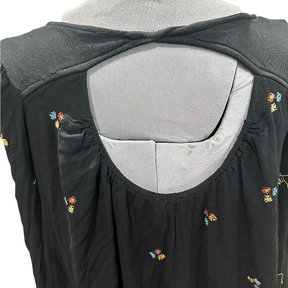 Free People Oxford Embroidered Floral Black Mini Swing Dress Oversized Sz Large - Picture 7 of 8